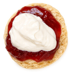 Half scone with strawberry jam and fresh cream isolated on white from above.