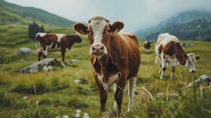 Fototapeta premium A cow is standing in a field with other cows