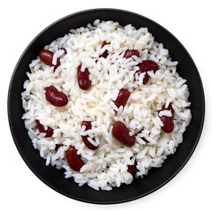 Cooked white rice with red kidney beans in a black ceramic bowl isolated on white from above.