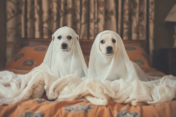 Ghost playing with a puppy in a haunted house, adorable interaction, cute, ghost, funny
