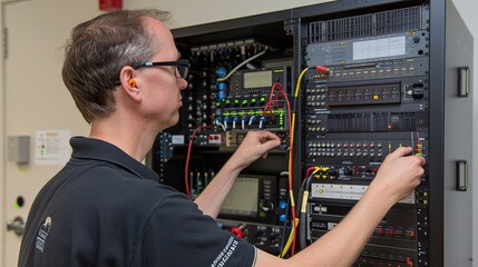 A young man connects cables in a network server room. An IT engineer works in a data center. Illustration for banner, poster, cover, brochure or presentation.