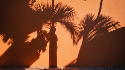 The shadows of palm trees on an orange wall create a stark contrast under bright sunlight, depicting tropical essence.