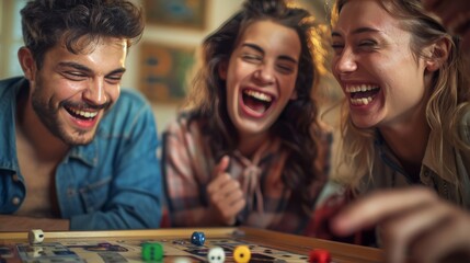 Fototapeta premium Friends laughing over a board game piece accidentally knocked over