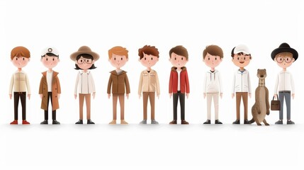 A group of cartoon characters are lined up, including a penguin and a doctor