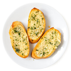 Three slices of garlic bread with fresh parsley on a white ceramic plate isolated on white from...