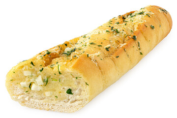Half cut up garlic bread with fresh parsley isolated on white.