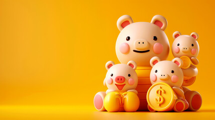 Obraz premium Cute piggy bank family arranged on a vibrant yellow background, symbolizing savings and financial growth.