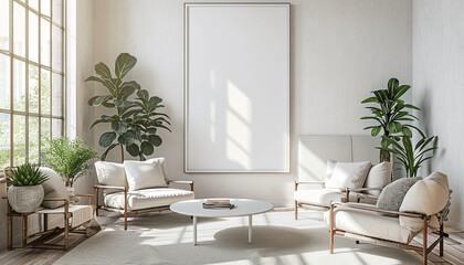 Fototapeta premium Minimalist living room subtle color accents with empty frame