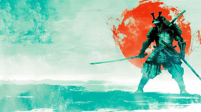 Japanese art with ancient design of man warrior with sword on background with big circle symbolizing rising sun. Illustration for cover, card, postcard, interior design, brochure or presentation.