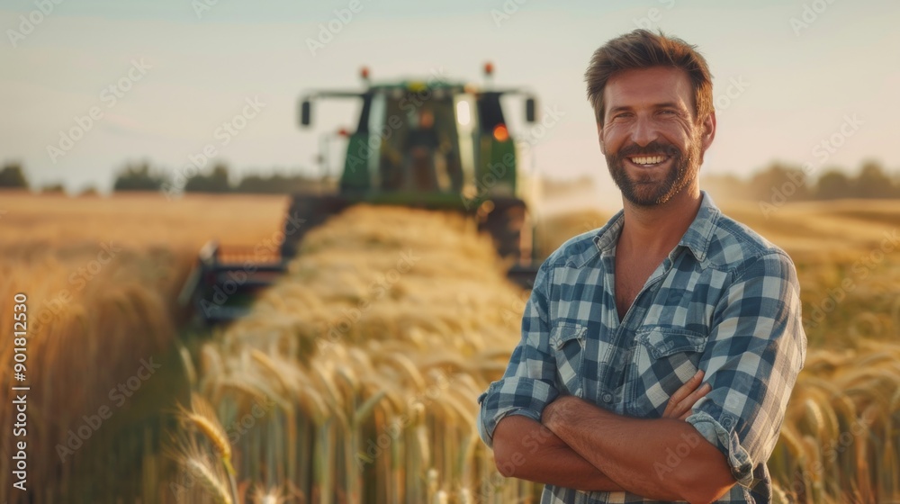 Poster A man is standing in a field with a tractor behind him