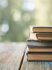 A stack of books on a wooden table