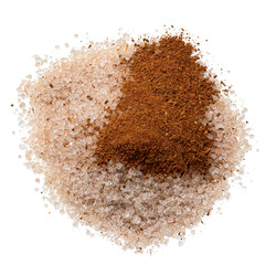 Heap of cinnamon sugar with a splash of ground cinnamon isolated on white from above.
