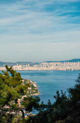 View of Istanbul skyline from Buyukada Island, with the sea and greenery in the foreground, under a blue sky