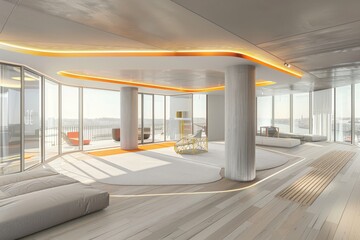 Modern office lounge with minimalist decor soft lighting and comfortable seating creating a serene and stylish space