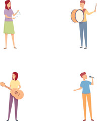 Music education icons set cartoon vector. People play music instrument and sing. Performance, rehearsal