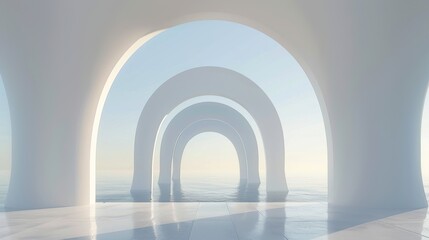 Archways overlooking water create a serene minimalist design with smooth curves and open spaces in a tranquil setting.