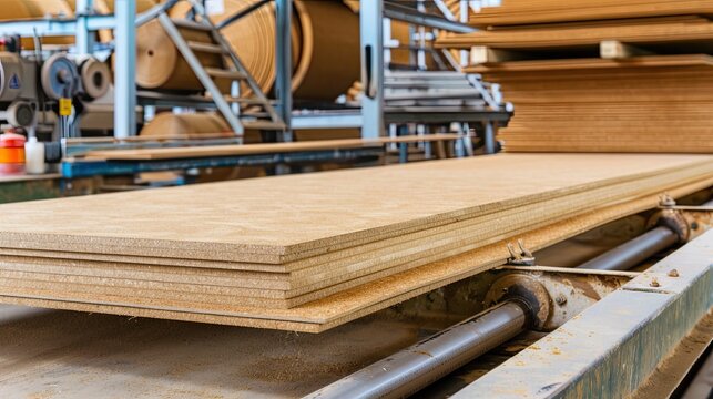 Workshop for the production of fiberboard, particleboard, LDF or MDF.  Veneered Chipboard. Illustration for banner, poster, cover, brochure or presentation.