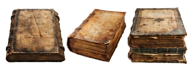 Antique Leather Bound Books with Weathered Pages in Vintage Composition on a Transparent Background