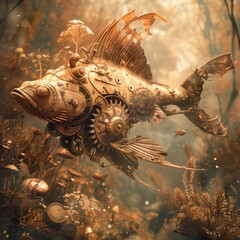 Mechanical Depths: Steampunk Catfish Swimming in Rusty Industrial Underwater Landscape