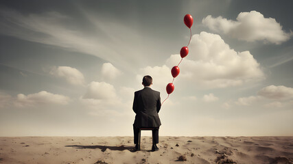  A metaphorical image of a contemplating lonely man. Young man thinking about things in life. AI generated image