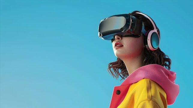 Stylish Brunette Woman in VR Headset Social Media Icon Style 3D
