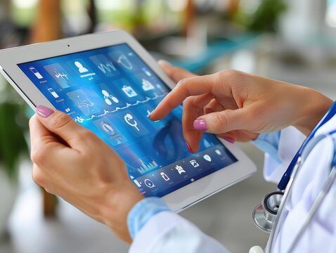 Close-up of a tablet displaying digital medical information being used - Powered by Adobe