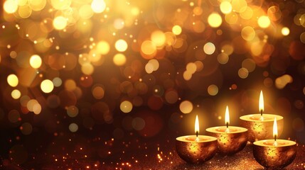 Golden candles on a glittery background with warm bokeh.