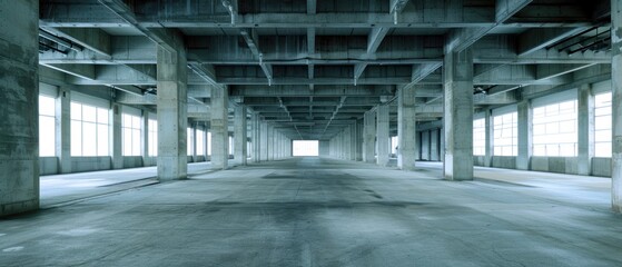 A spacious industrial hall with exposed concrete pillars and a high ceiling. The image highlights the vast, open interior and the robust structural design.