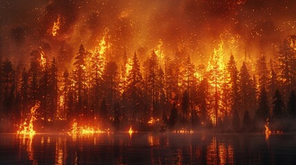 Naklejka premium A forest fire rages, engulfing tall trees in flames. The fire reflects in a calm lake below.