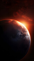 Fototapeta premium A dramatic depiction of a red planet with a fiery sunrise, casting an orange glow over the dark, cratered surface. 