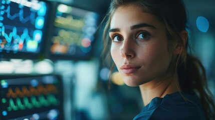 Naklejka premium A woman looks intently at the camera, surrounded by glowing computer screens displaying data. She exudes focus and determination.