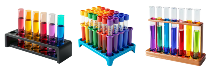 Colorful Test Tubes in Racks - Scientific Experimentation Setup With Vibrant Chemicals