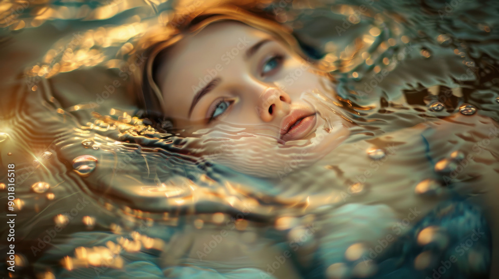 Wall mural a serene photograph of a young girl lying in water, her face partially submerged, water surface dist