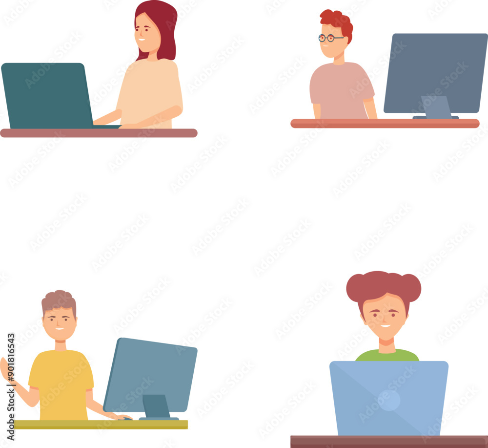 Poster web agency icons set cartoon vector. software development team. web development, programming
