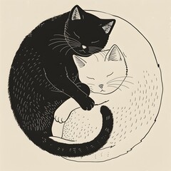Two Peaceful Feline Friends Resting in a Harmonious Circle of Minimalist Woodcut