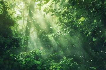 Fototapeta premium A lush, green forest with sunlight filtering through the canopy, the trees and undergrowth creating a softly blurred background for a spring-themed wallpaper