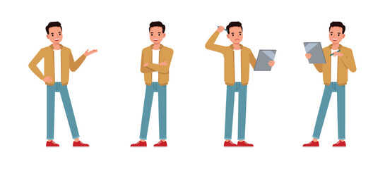 Businessman wear brown jacket working in office character vector illustration design set. Man thinking holding clipboard and presentation.