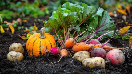 Fototapeta premium Organic autumn vegetable harvest in the garden Fresh carrots beetroot pumpkin daikon radish and potatoes on the soil ground