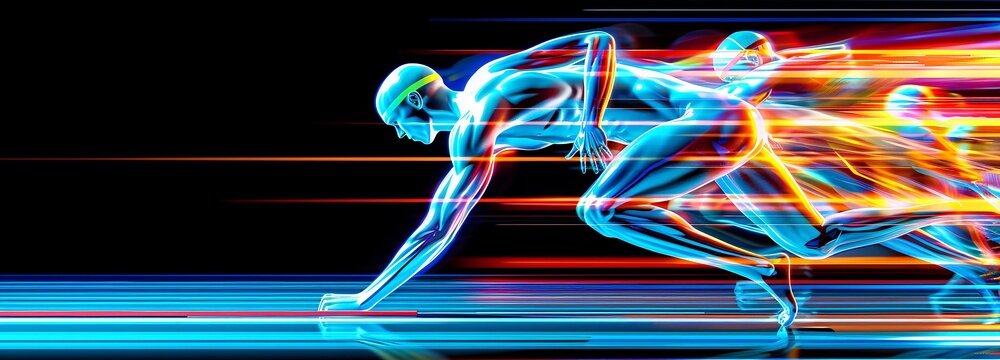 Visione futuristica della finale 100 metri sprint, Olimpiadi
Design di velocit&agrave; e movimento con utilizzo cei colori

