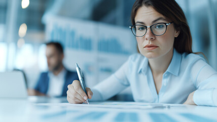 Close-up of a businesswoman wearing glasses, intently analyzing documents with graphs in a modern office setting. The image highlights focus, analysis, and professional work environment.
