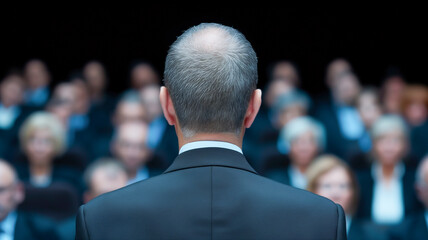 A senior business leader, seen from behind, addresses a large audience of blurred professionals. The setting conveys authority, leadership, and the event's importance.