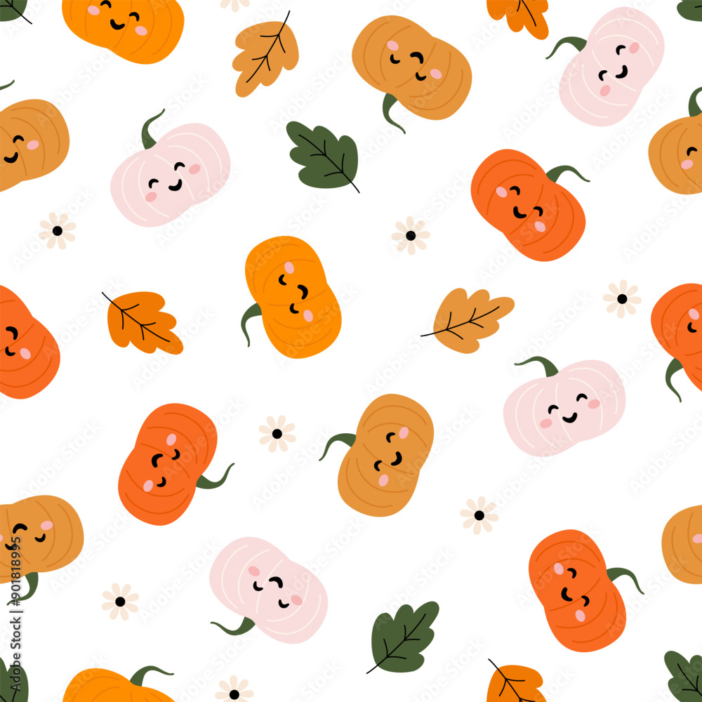 Canvas Prints Halloween vector seamless pattern. Funny smile pumpkins with leaves anf flowers.