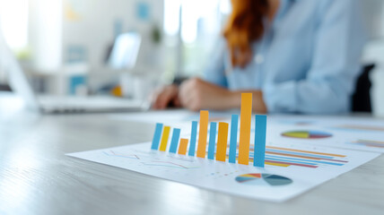 A businesswoman reviews colorful bar graphs and charts, with the data in focus and the professional blurred in the background, emphasizing data analysis.