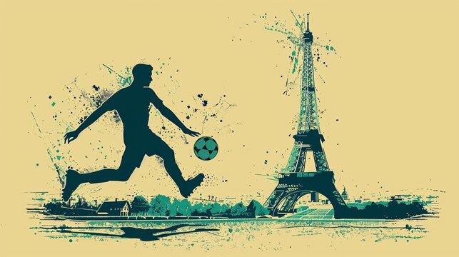 Illustrazione minimal di un giocatore di football che calcia un pallone davanti alla Torre Eiffel. Effetto vintage