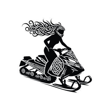 recommend clip art: Snowmobiling sport female player with celtic knot, nordic pattern illustration, emblem shield badge