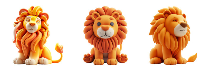 Obraz premium Three Cute Cartoon Lions in Different Poses and Expressions on a Transparent Background