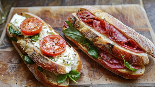 Two sandwiches one filled with tomato lamprey and the other with provola cheese and finocchiona salami