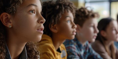 Fototapeta premium A group of kids sitting side by side, possibly in a classroom or family setting