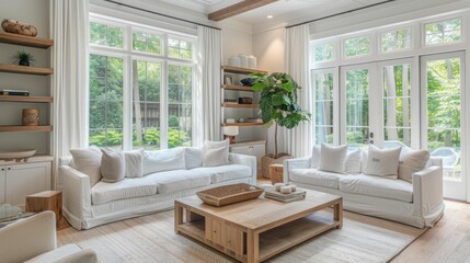Traditional white living room with wooden shelves and spacious windows