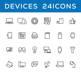 Device and technology line icon set. Electronic devices and gadgets, computer, equipment and electronics. Computer monitor, smartphone, tablet and laptop simple icon collections